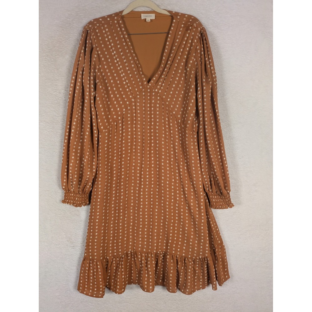 Orange Creek Dress Women's L Orange Polka Dot V-Neck Ruffle Hem Long Sleeve